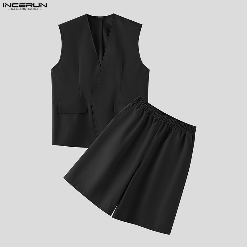 INCERUN Set Pria Warna Solid V - Mens Fashion Summer ulasan dan harga